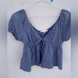 Pink Republic Navy Floral Tie-Front Babydoll Crop Top Ruffle Sleeve SZ L